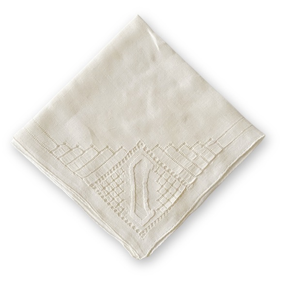 Antique Accessories - Antique Midcentury Off White Linen J Monogram Embroidered Handkerchief